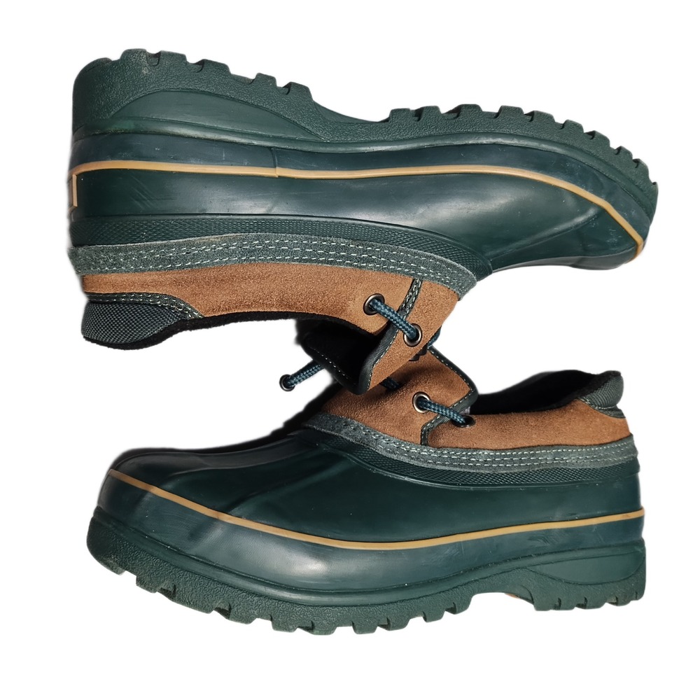 Bass Benzy Duck Shoes Womens Size 9M Green Brown Rubber Waterproof Bungee Laces